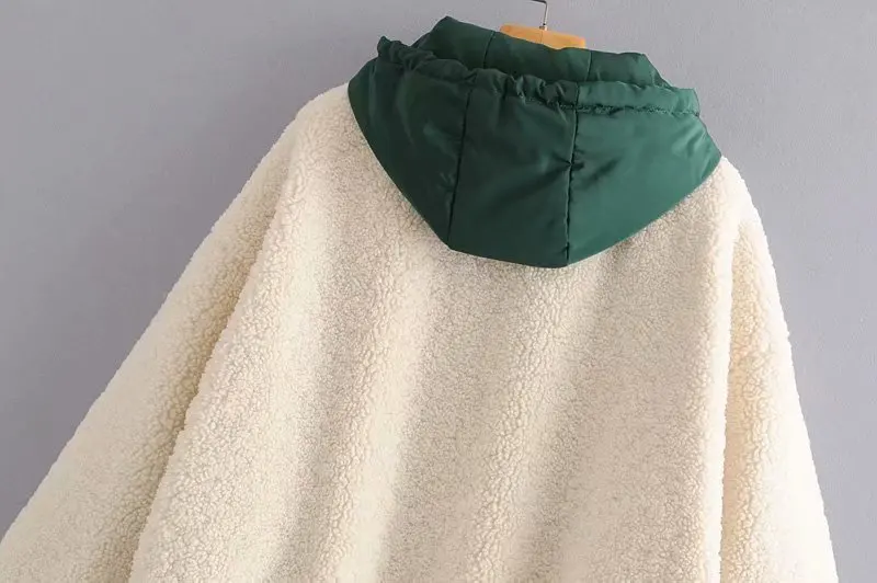 Модное зимнее теплое плюшевое пальто с капюшоном, Женская Лоскутная куртка с длинным рукавом и карманом, женское свободное повседневное плюшевое пальто из искусственного меха