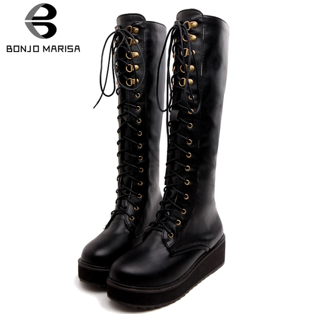 

BONJOMARISA New Hot Sale 33-47 Platform Boots Ladies lace-up mid-calf Boots Women 2019 Winter Warm Fur Wedges Shoes Woman
