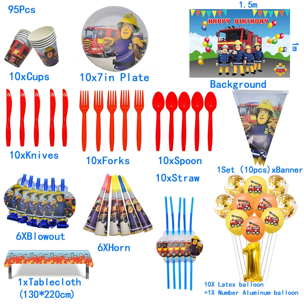 

Fireman Sam Firefighter Birthday Party Supplies Fire Truck Plates Cups Napkins Backdrop Tablecloth Home Decoration for Boys Girl