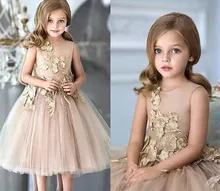 Vintage Champagne Tea Length Flower Girls Dresses A Line Tulle Tank O Neck Formal Kids Party Dress Long Toddlers Infants Gowns