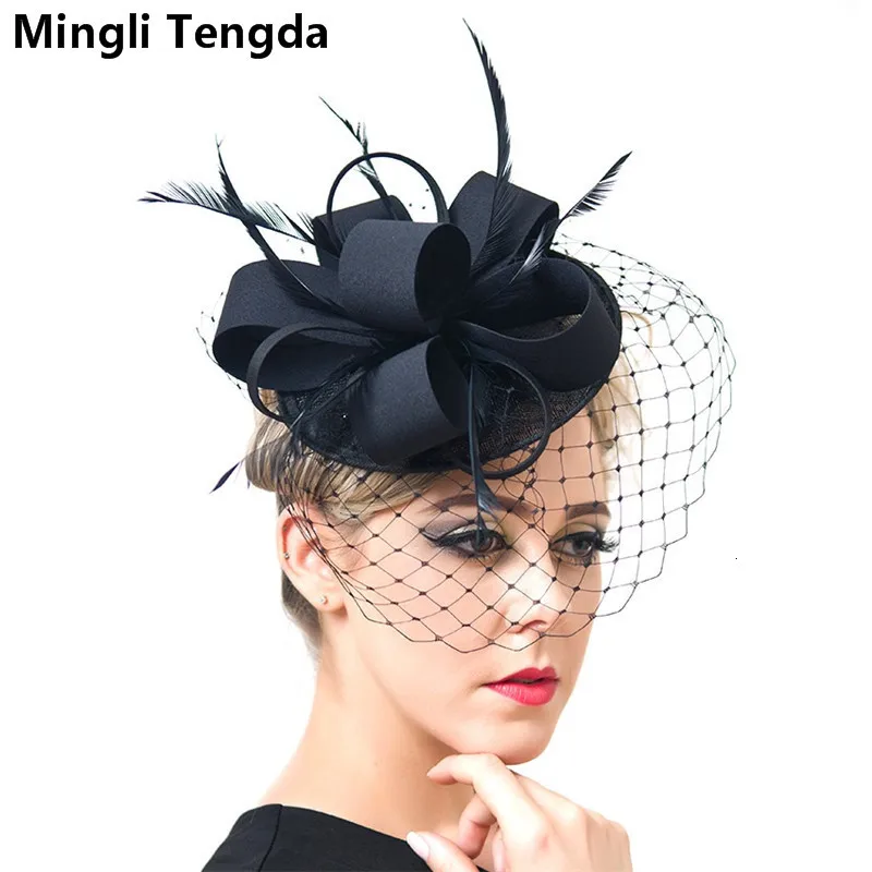 black Mingli Tengda винтажные Свадебные шляпы и вуалетки для невесты Элегантные Свадебные шляпы для женщин Свадебные аксессуары для волос шляпка Mariage - Цвет: black