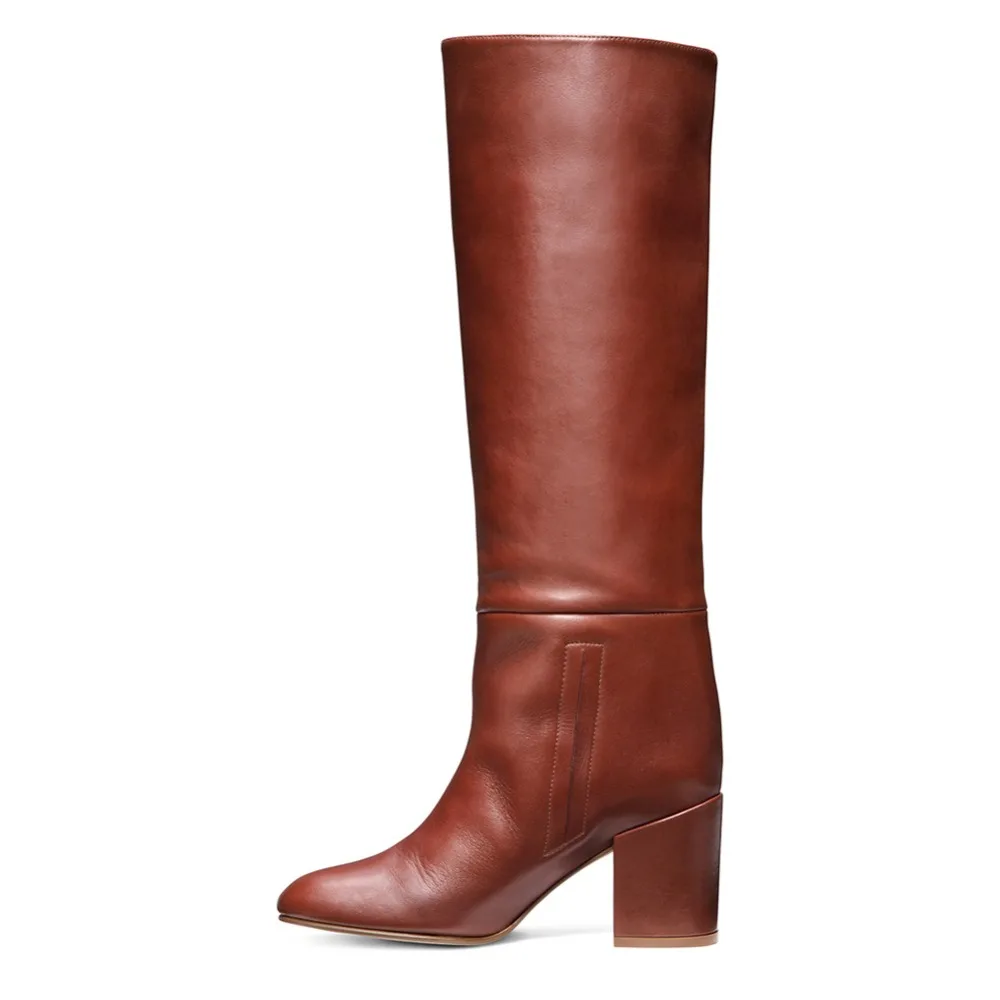 Кожаные высокие сапоги без шнуровки на среднем каблуке женские сапоги до колена с круглым носком на квадратном каблуке; женская зимняя обувь г. Botas Pretas