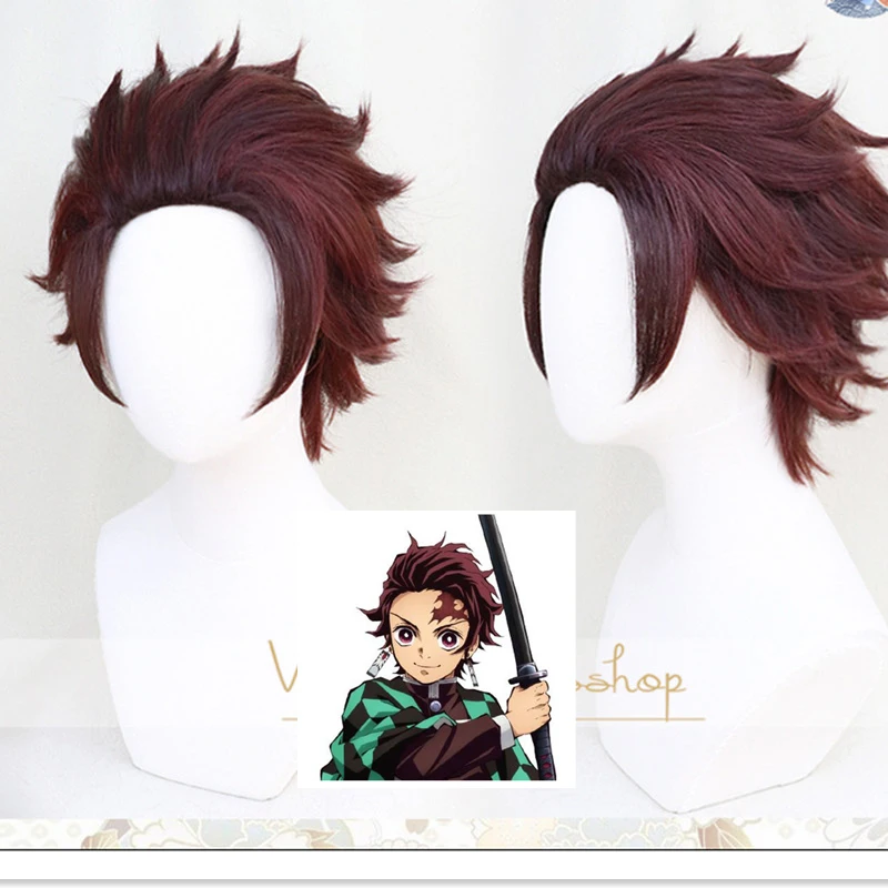 Парик для косплея Demon Slayer: Kimetsu no Yaiba Tanjiro Kamado термостойкий с короткими каштановыми