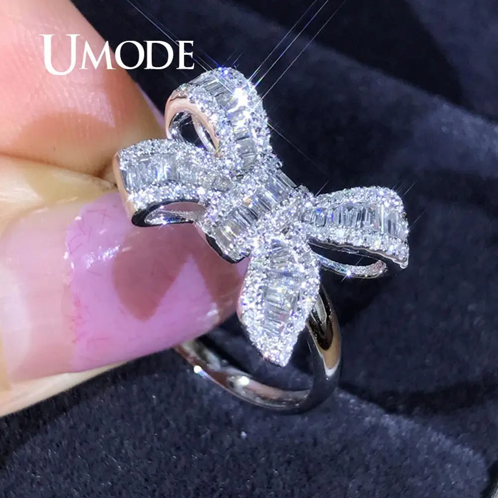

UMODE Silver Color Classical Ring For Women Girls Engagement Wedding Rings Korean Jewelry Simple Crystal Zircon Bow Ring UR0522
