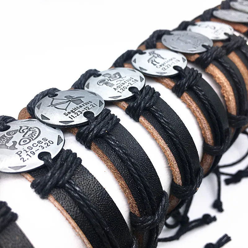 MixMax 12pcs/lot Mix 12 constellations Handmade Cuff Leather Bracelets for Men Women Bangles Wristbands Wholesale dropshipping 4