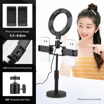 

6.5inch/16cm Video LED Ring Light 3200-5600K 10-level Dimmable with Table Stand Ball Head Dual Phone Holders Remote Shutter