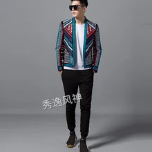 N настоящий мужской полосатый Красочный полный вышивка мода события/сценическое представление короткий смокинг куртка/сценическое представление/Азия Размер