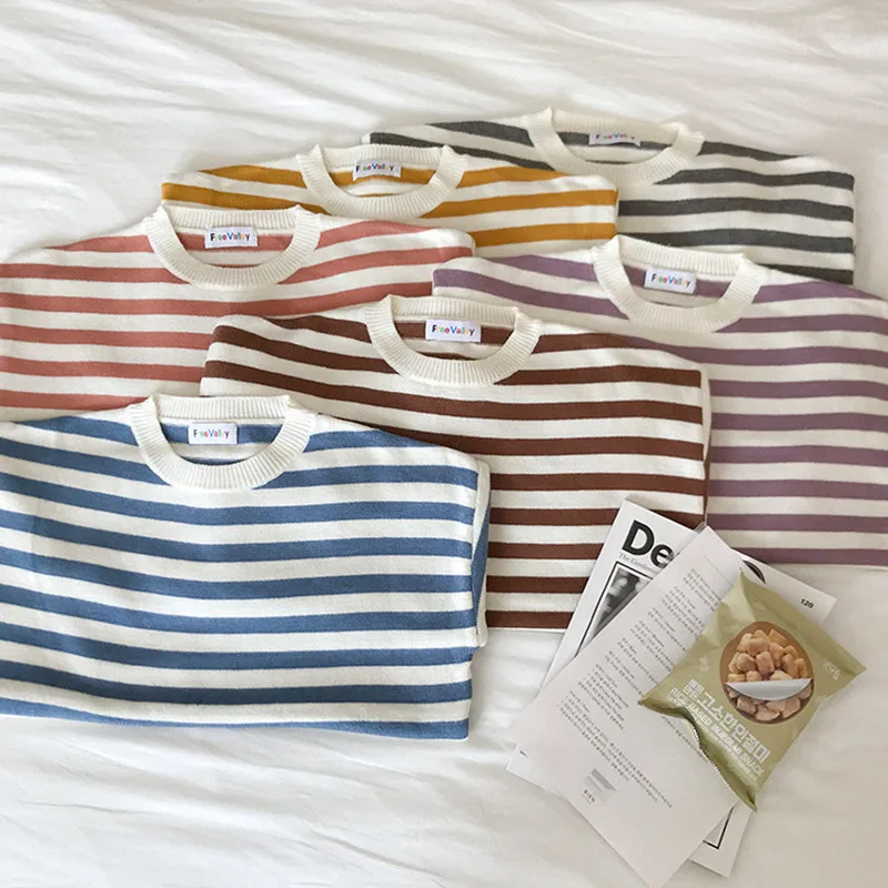 Свитер женский трикотажный в полоску с круглым вырезом и длинным рукавом 6 цветов