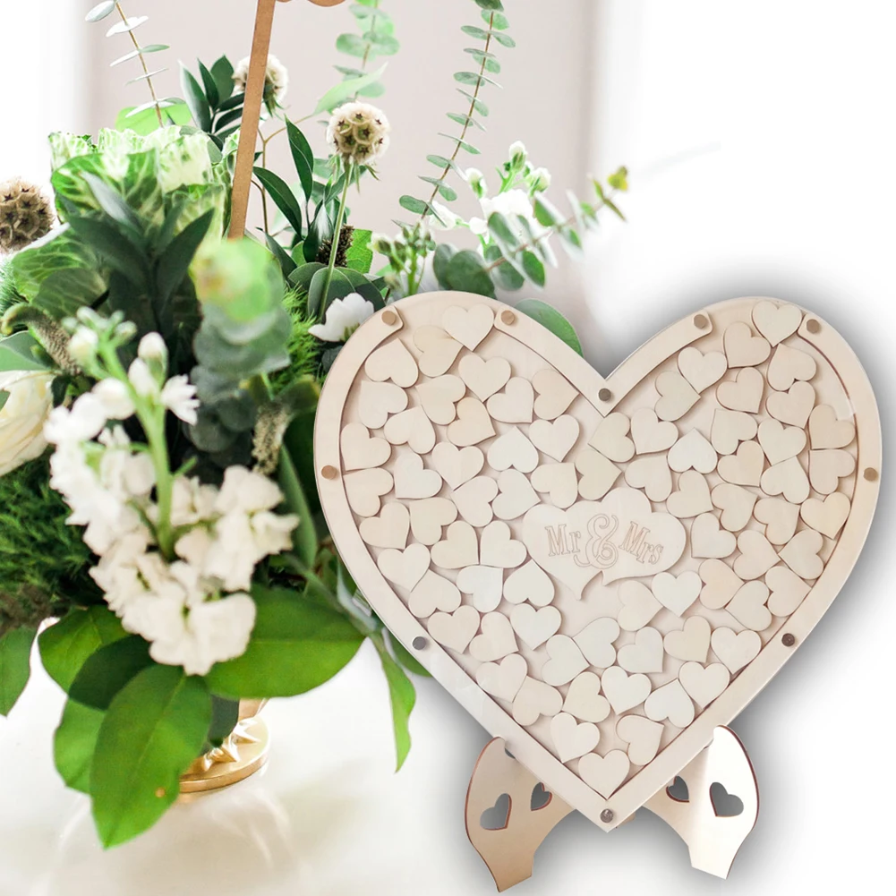 

Guest Book With Stand Frame Home Decoration Craft Signature DIY Sweet Heart Shape Wedding Wooden Ornaments Party