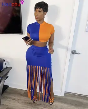 

2020 Summer Women Sets Dresses Crop Tops+Skirts Suits Sexy Two Piece Set Night Club Party Tracksuits Beach Tassel Outfits