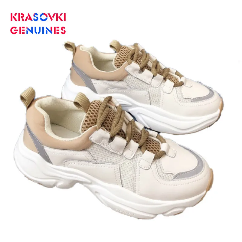 

Krasovki Genuines Sneakers Women Autumn Fashion Dropshipping Thick Bottom Solid Mid Heel Shallow Mesh Breathable Causal Shoes