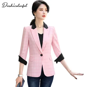 

2020 Women's Blazer Pink half Sleeve Blazers Solid One Button Coat Slim Office Lady Jacket Female Tops Suit Blazer Femme Jackets