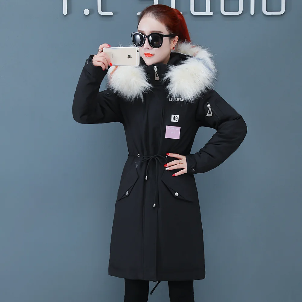 

99 New Style down Jacket Women's Thick Mid-length Fat Mm Waist Hugging Coat 2019 Pike fu da Fur Collar Tide