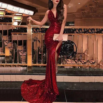 

Sexy Solid Color Sleeveless Deep V Neck Women Dress Sling Sequins Long Ball Gown Party Dress Maxi Dress Vestidos Ropa Mujer