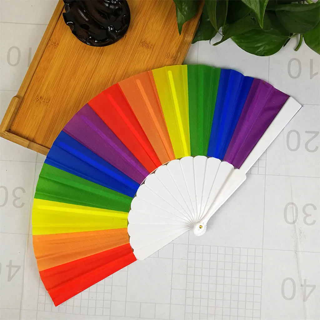 New 1 Pc Rainbow Hand Held Folding Fan Dance For Gay Pride Parties Decoration Fan Art Craft Decor Abanicos De Mano^40