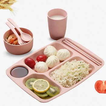 

Wheat Straw Board Dinner Plate Student Dining Room Dining Plate Divided Dinner Plate Kindergarten Children's Cutlery Set