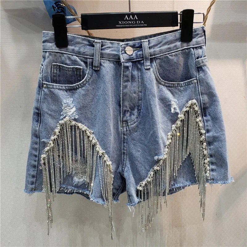 

2020 Spring Summer New Hole High Waist Jeans Beaded Drilling Tassel Chain Slim Straight Denim Shorts Women's Fashion Jean Shorts