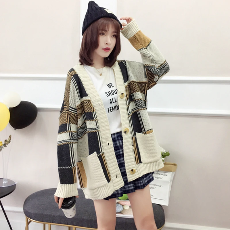 

2019 Women Sweater Knitted Cotton Casual Harajuku Cardigans Jacket Autumn Winter Long Sleeve Loose Tops Wool Plaid Pocket Button