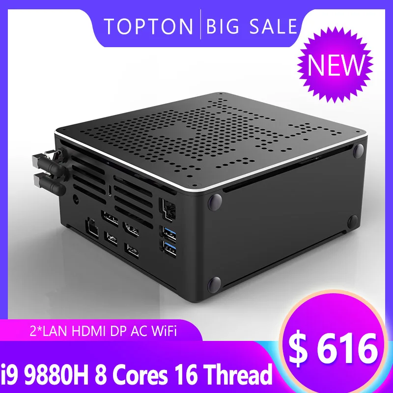 Мини ПК Intel Core i9 9880H 8 ядер 16 потоков игровой настольный компьютер 2 * DDR4 M.2 NVMe Win10 Pro 4K
