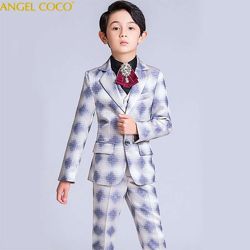 

Children Formal Dress Suit Sets Flowwer Boys Blazer Vest Pant 5pcs Outfits Kids Wedding Party Piano Performance Host Costume