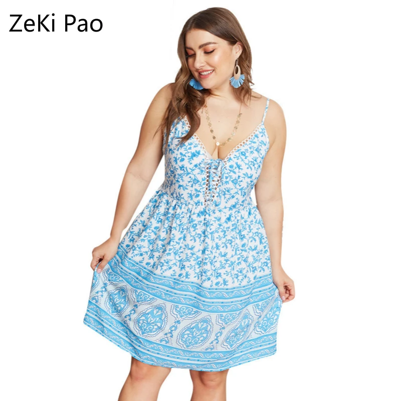 

Sexy Plus Size Women's 2020 Summer Bohemian Strap V-neck Print Dress with Hollow Elastic Waist Blue Beach Style Dress Vestidos