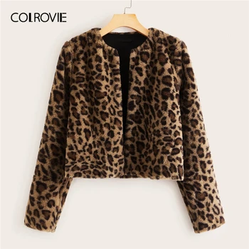 

COLROVIE Open Front Leopard Print Faux Fur Coat Women Glamorous 2019 Winter Glamorous Coats And Jackets Ladies Warm Outerwear