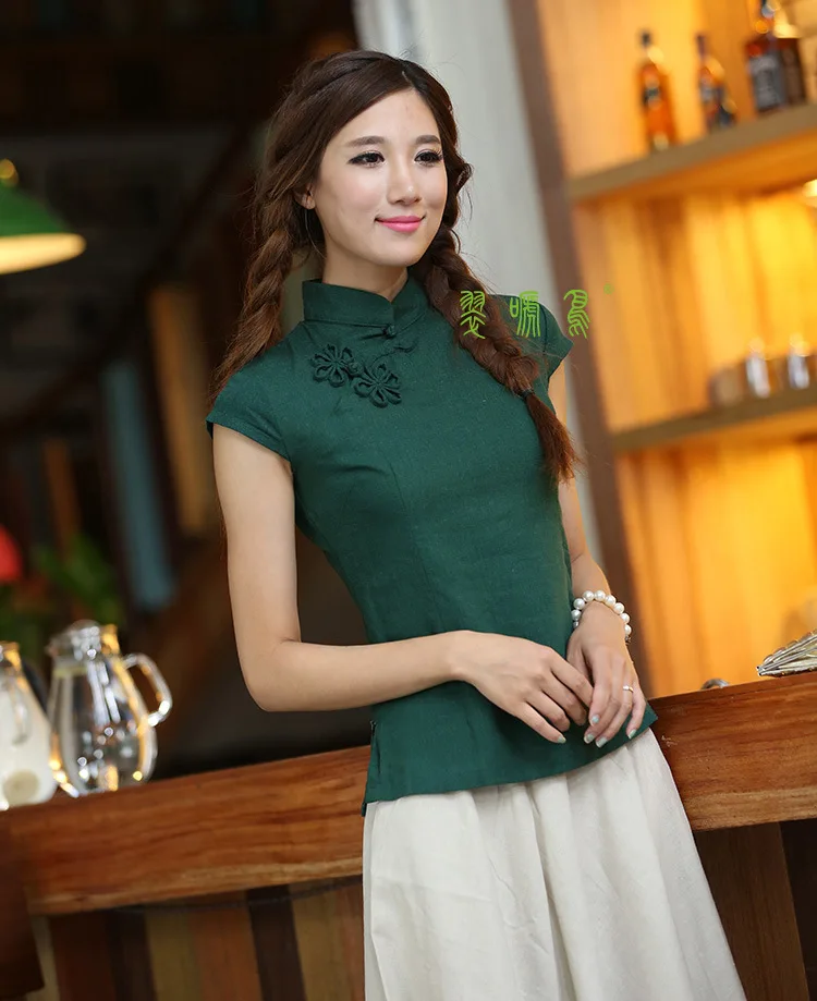 Элегантная конопляная хлопковая рубашка cheongsam, топы, китайская одежда, повседневная женская китайская льняная рубашка с короткими рукавами