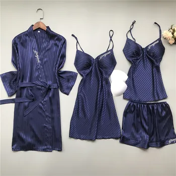 

New Lingerie Set Women Silk Lace Robe Dress Babydoll Sexy Nightdress Sleepwear Kimono Set Navy Blue Soft High Quality Gift