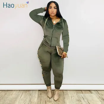 

HAOYUAN Sequin Splice Two Piece Set Tracksuit Women Clothes Long Sleeve Hoodies Top Pant Sweat Suits Rave Outfits Matching Sets