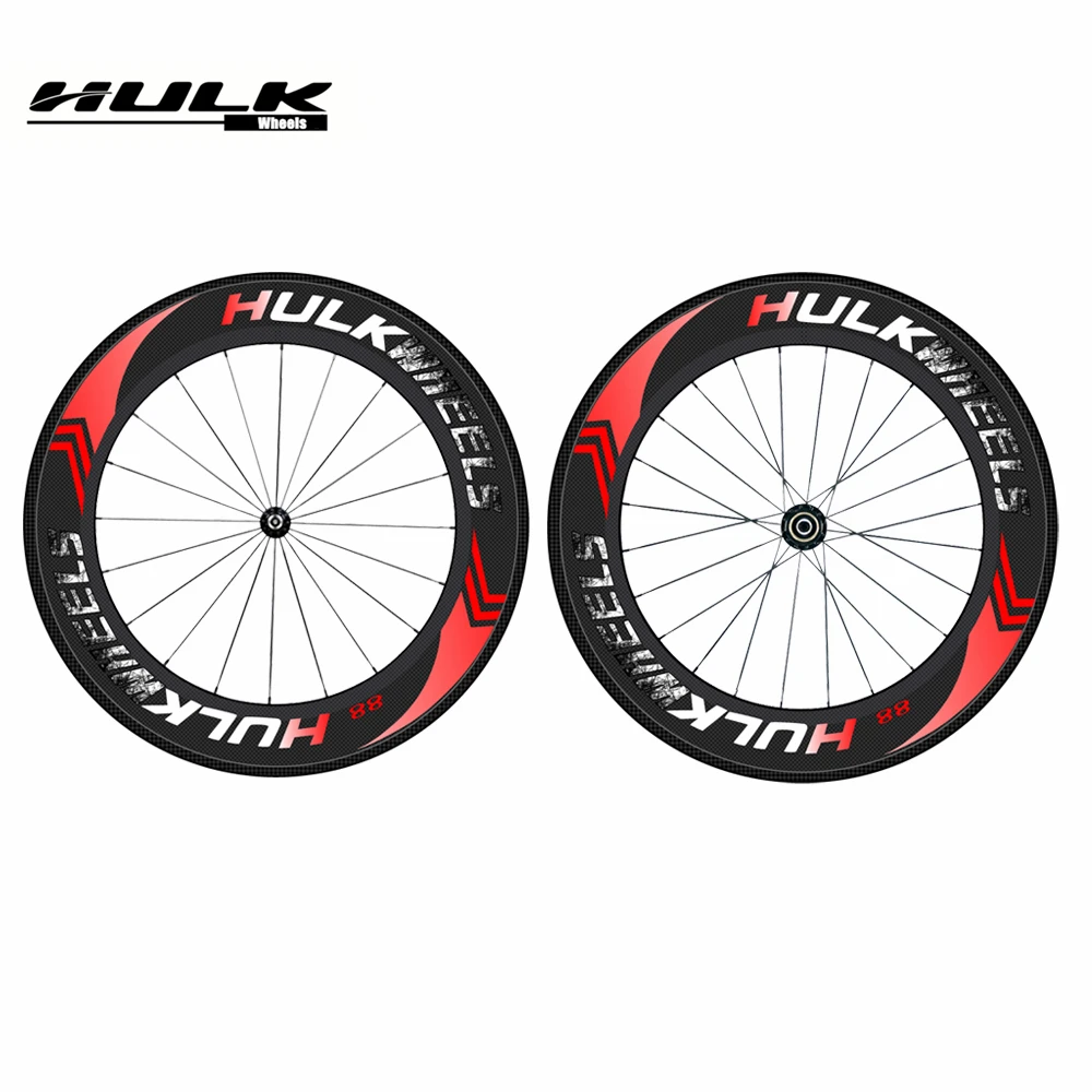 

HULKWHEELS 700C Racing Bicycle Carbon wheels with Black Red Powerway novatec J bend striaight pull Hub 88mm depth 25mm width