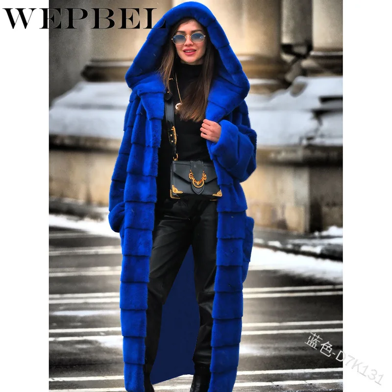 

WEPBEL Winter Casual Long Sleeve Cardigan Hooded Long Coat Women's Slim-Fit Solid Color Fux Fur Coat
