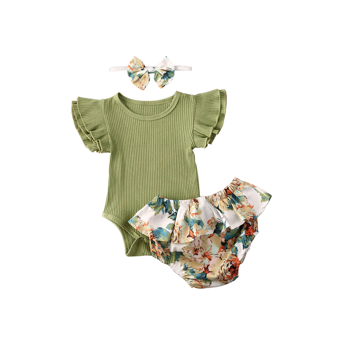

0-24M Infant Baby Girls Short Sleeve Solid Color Button Romper Multi-Layer Flower Pants Bow Hair Band Summer 3-Piece Set