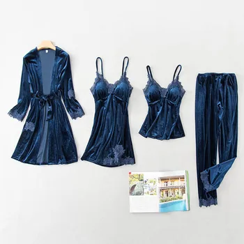 

4 Pieces Women Pajamas Gold Velvet Warm Winter Pajamas Set Sexy Lace Robe Female Sleepwear Long Sleeve Home Wear Pyjamas Suit