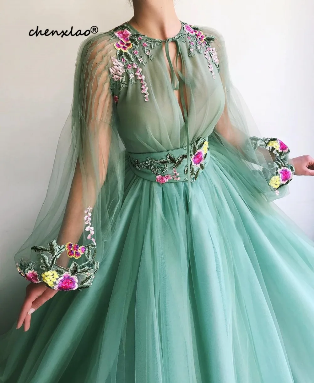 Vestido de festa длинное вечернее платье с аппликацией из кружева и тюля трапециевидной формы с круглым вырезом и длинными рукавами Вечерние платья длиной до пола Торжественное платье