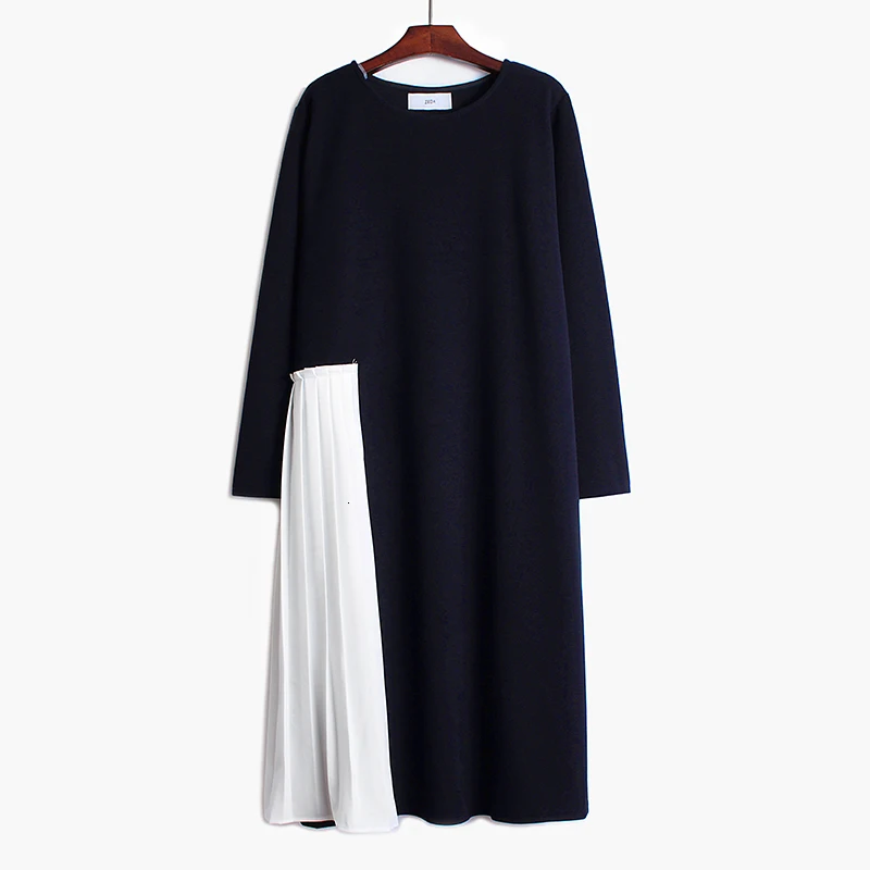 [EAM] женское черное плиссированное платье большого размера с разрезом, новинка, круглый вырез, длинный рукав, свободный крой, мода, весна-осень 19A-a38 - Цвет: Navy Blue