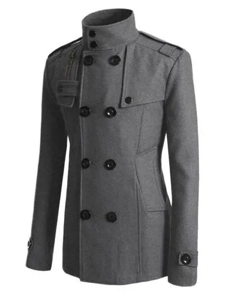 Мужское пальто, мужской зимний теплый Тренч, шерстяное пальто, приталенная повседневная куртка, однотонный двубортный Тренч со стоячим воротником