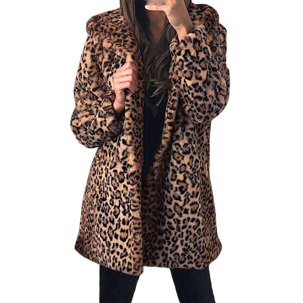CHAMSGEND Oversized Leopard Long Jacket Coat Women Winter Ladies Overcoat Hooded Outerwear Plus Size Warm Faux Fur 1024