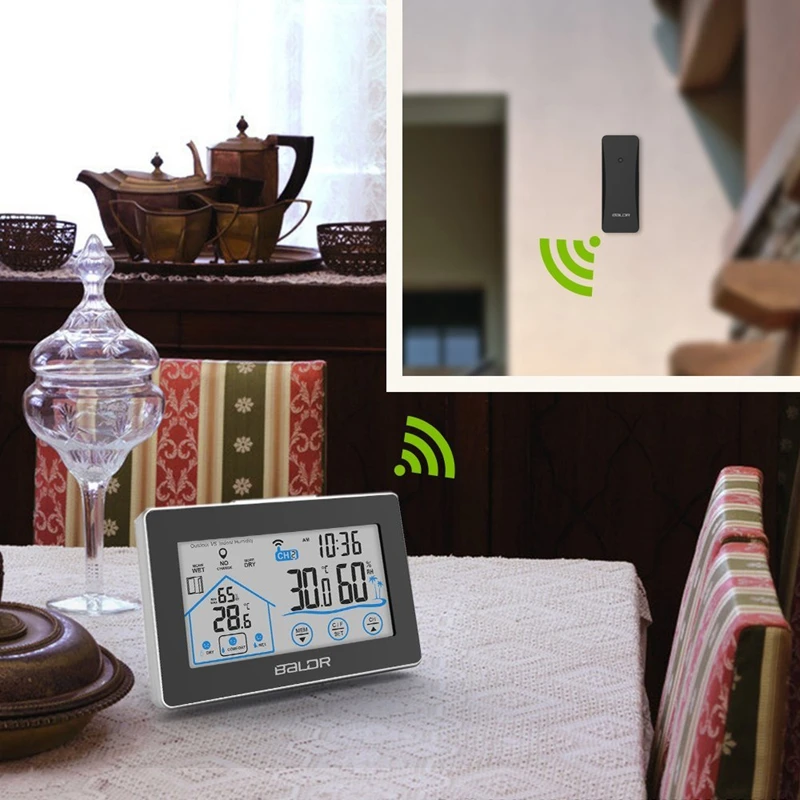 Baldr 무선 기상 관측소 터치 LCD 화면 온도계 습도계 실내 실외 예측 센서 달력 표시기 3 채널