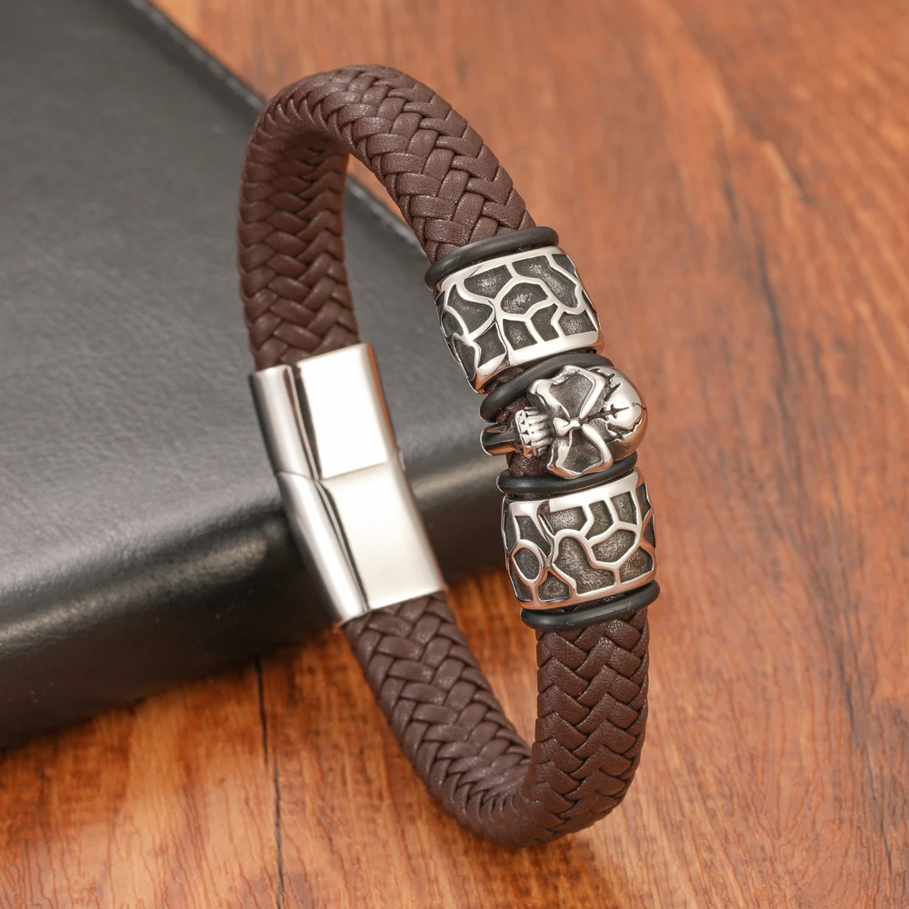 New Retro Style Skull Woven Leather Bracelet for Men Stainless Steel Magnetic Clasp Fashion Jewelry Bangles Gift - Image 3