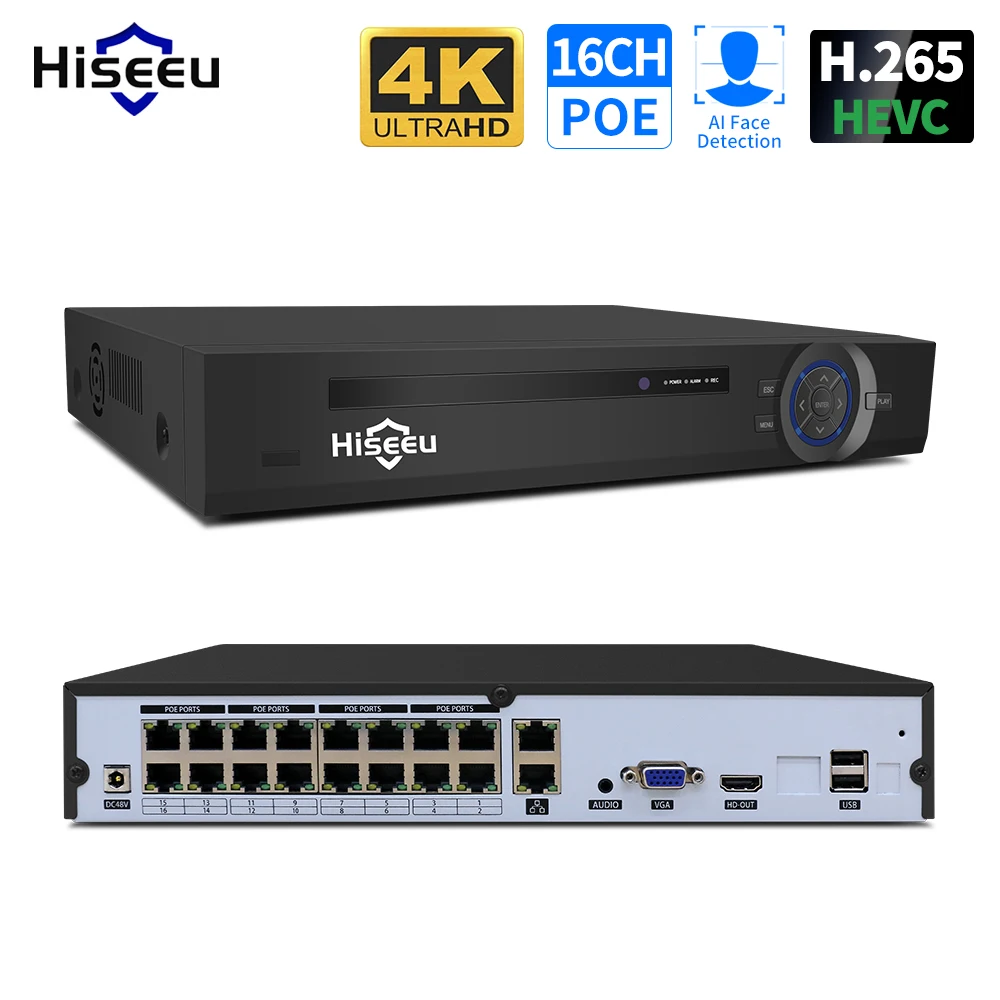 Hiseeu 4K 16CH POE NVR Onvif H.265 Surveillance Security Video Recorder for POE IP CCTV Camera 1080P/3MP/4MP/5MP/8MP/4K NVR