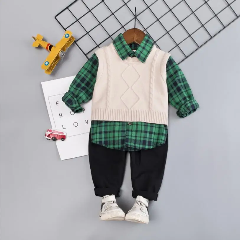 Boys'Dress/ стильный детский шерстяной свитер на весну и осень, жилетка, рубашка, клетчатая детская одежда, комплект из трех предметов - Цвет: 1