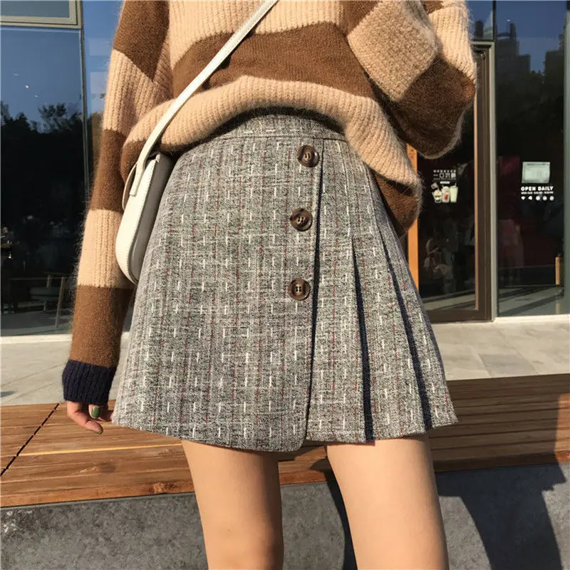 

Woolen Plaid Pleated Skirt 2020 Spring and Winter New Korean-Style Retro Irregular High Waist Slimming A- line Skirt