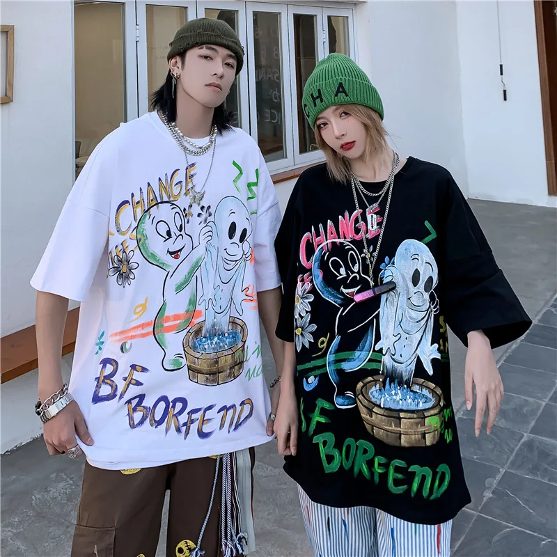 Summer Hipster Hand Painted Ghost Print Half Sleeved Tees Men and Women Hip Hop Retro Couple Short Sleeve T-shirts Fashion Tops