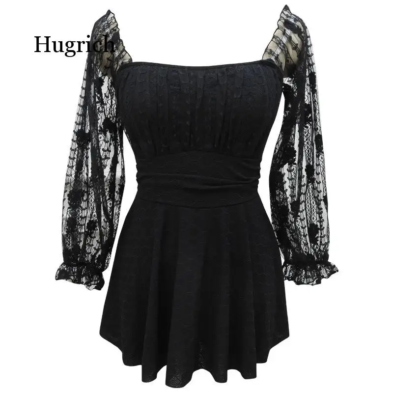 Women's Long Sleeve Summer Spring Sexy  Lace See Through Sleeve White Black 2021 New Style