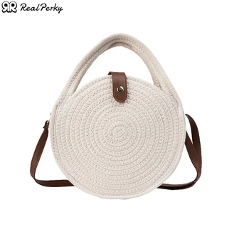 

Women Round Solid Color Shoulder Messenger Bags Female Handmade Woven Rattan Beach Bags Ladies Summer New Straw Bags Handbags