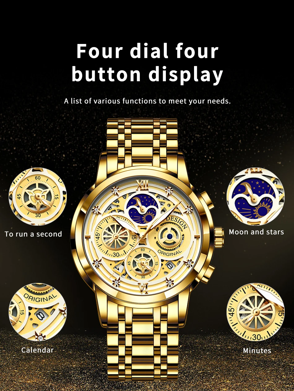 2021 New LIGE Sport Men Watch Top Brand Luxury Gold Stainless Steel Quartz Wrsit Watch Men Fashion Hollow Waterproof Chronograph
