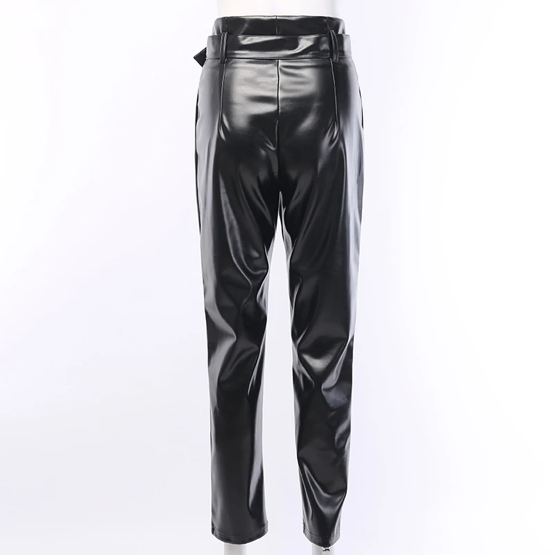 WannaThis Black Faux Leather Straight Pants With Belt Elegant Casual Women Autumn High Waist Streetwear Ladies Vintage Trousers