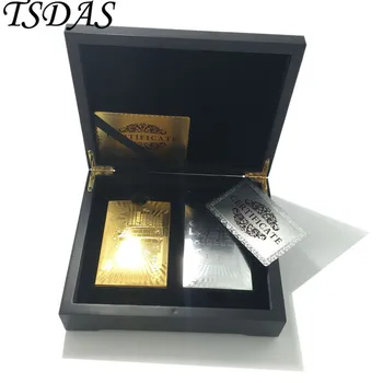 

Wholesale 2 Set 24K Golden & Silver 500 Euro Playing Cards Game Poker Plastic Card with Black Wooden Box & Certificates