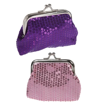 

2x Women's Sequins Coin Purse Buckle Mini Wallet(Purple&Pink)