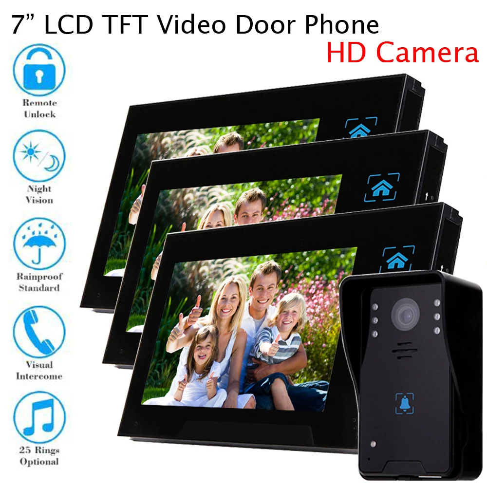 

Door Bell Phone Home Security 7" Wired LCD Visual HD Camera+ 3Monitor Intercom